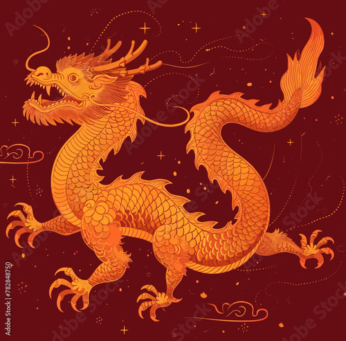 a golden dragon on a red background