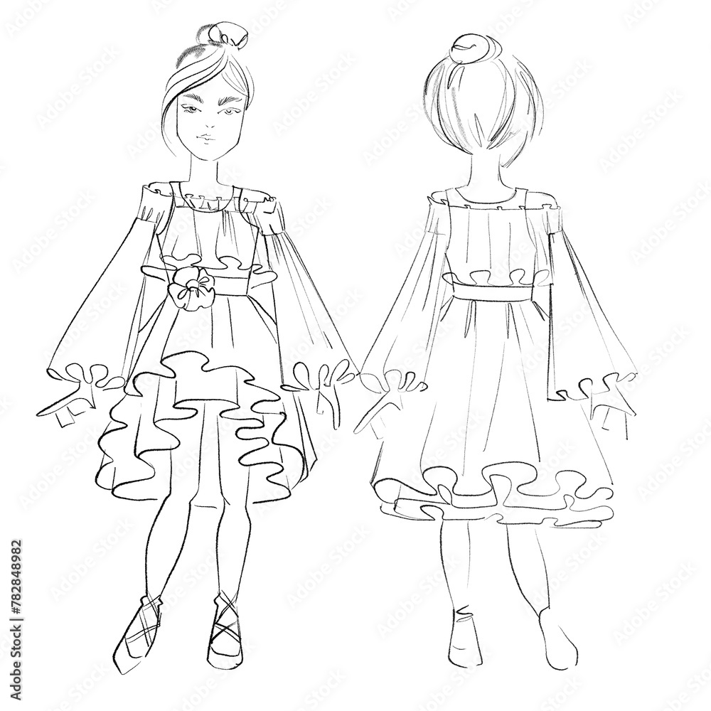 Fashion templates Croquis A girl age 6-9 years old The pattern for drawing fashion designs A figure of a child on a white background Front and Back view Fashion templates Croquis A girl age 6-9 years old The pattern for drawing fashion designs A figure of a child on a white background Front and Back view