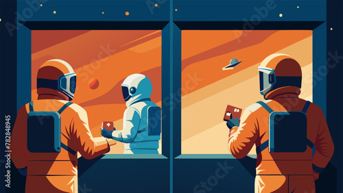 A sight of astronauts floating in front of a transparent wall gazing out at the vast expanse of space while snacking on nutrientrich energy bars