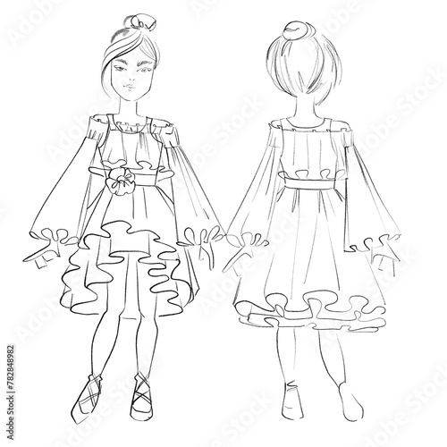 Fashion templates Croquis  A girl age 6-9 years old The pattern for drawing fashion designs  A figure of a child on a white background Front and Back view