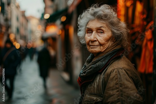 Portrait of an elderly woman on the streets of the city.