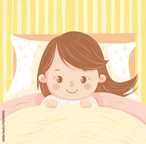 a little girl laying in bed with a pillow