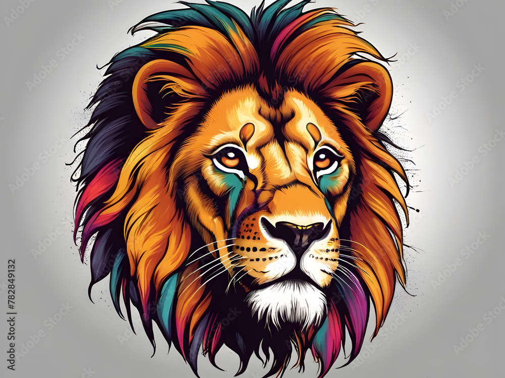 A Unique, Colorful Face Drawing for T-Shirt Design vector illustrations. Spectrum-spotted lion fierce beauty with white backround