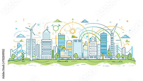 a drawing of a city with wind turbines