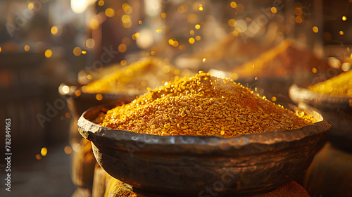 Spice up your designs with this vibrant image featuring a bowl filled with golden spices. Perfect for adding flavor to your projects, this eye-catching visual will be a bestseller, capturing attention photo