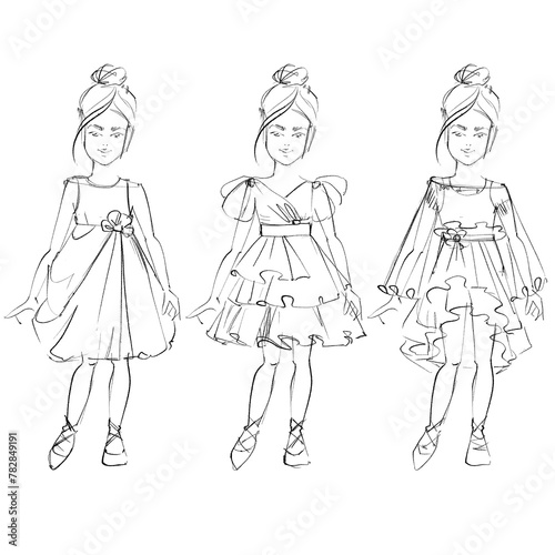 Fashion templates Croquis A girl age 6-9 years old The pattern for drawing fashion designs A figure of a child on a white background
