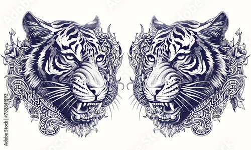 a pair of tiger heads with intricate designs