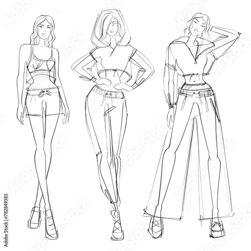 Women in sports outfits Summer collection Design ideas for fashion designer and stylist Sketch Fashion Illustration on a white background, croquis, an easy style of fashion illustration
