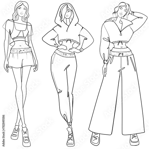 Women in sports outfits Summer collection Design ideas for fashion designer and stylist Sketch Fashion Illustration on a white background, a line of fashion illustration
