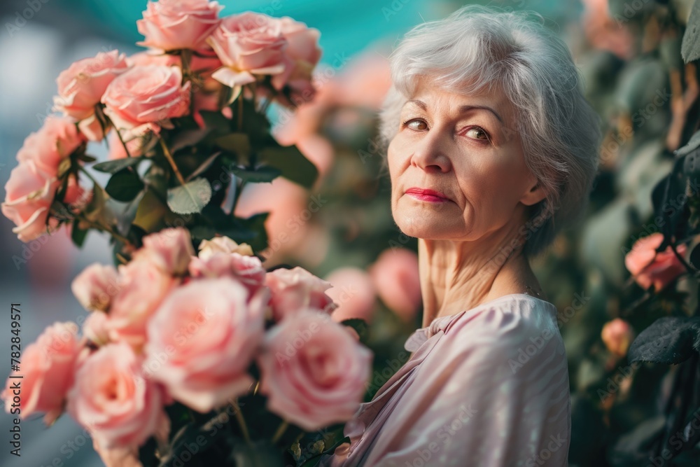 A beautiful old woman holding a beautiful bouquet of roses. Fictional Character Created by Generative AI. A beautiful old woman holding a beautiful bouquet of roses. Fictional Character Created by Generative AI.
