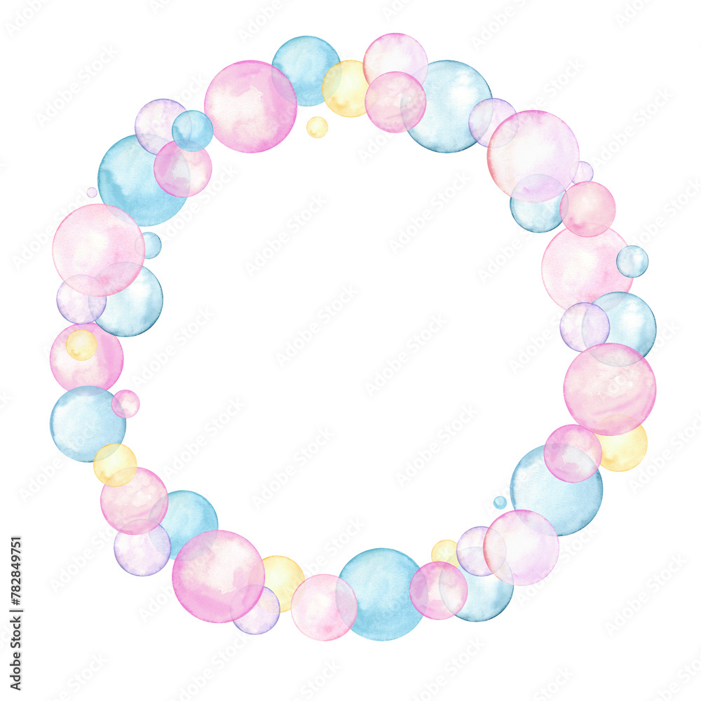 Rainbow colorful bubble blowers. Pink, blue, yellow polka dots. Multicolored circle in soft pastel colors. Wreath with underwater drops, bubbles. Watercolor illustration isolated on white Rainbow colorful bubble blowers. Pink, blue, yellow polka dots. Multicolored circle in soft pastel colors. Wreath with underwater drops, bubbles. Watercolor illustration isolated on white