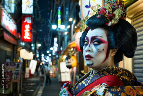 Japanese woman in kimono on Shibuya street at night.