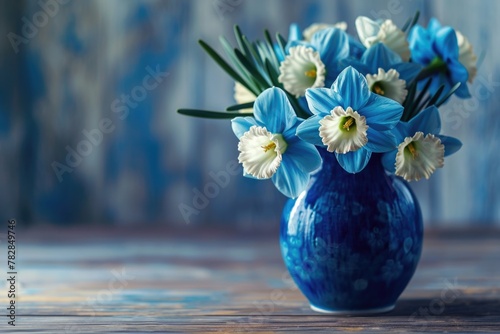 Beautiful Blue and White Daffodil Flower Filled a Ceramic Vase on Wooden Table.