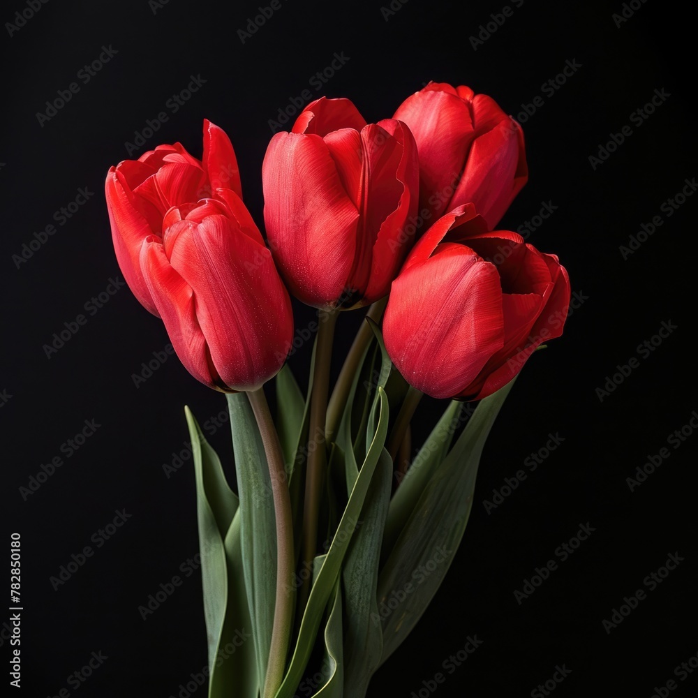 Fresh cut of beautiful red tulip flower bunch in dark background. Fresh cut of beautiful red tulip flower bunch in dark background.