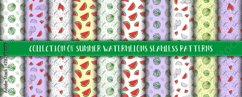 Collection of seamless summer watermelon patterns. Set of 10 seamless patterns