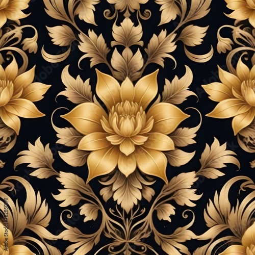 Golden flowers and leaves on black background