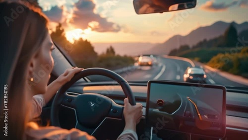 An EV electric car driver is holding the steering wheel in the evening with sunset light Image on the road Interior view of a happy driver driving an EV with blurred skyview photo
