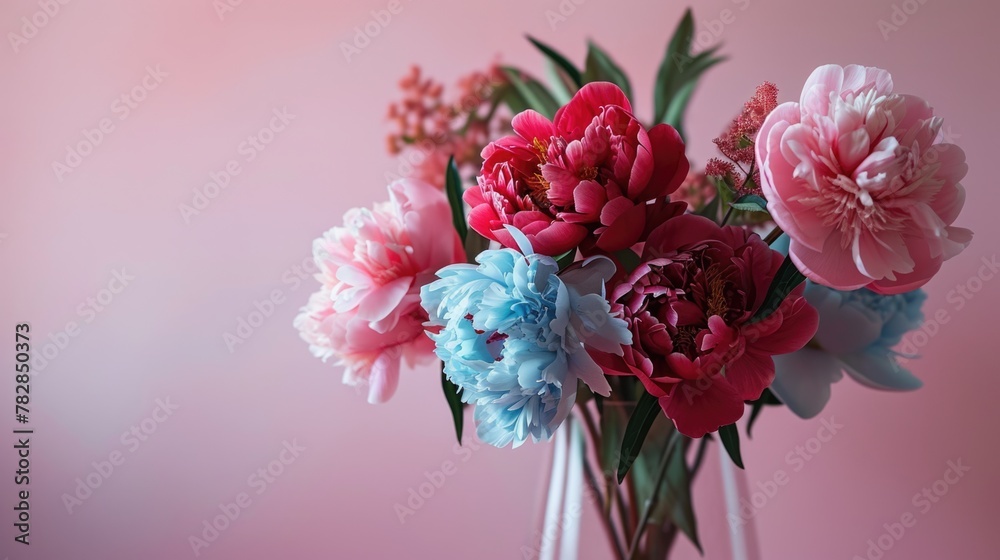 A clear vase filled with beautiful bouquet of peony flowers with vibrant colors. A clear vase filled with beautiful bouquet of peony flowers with vibrant colors.