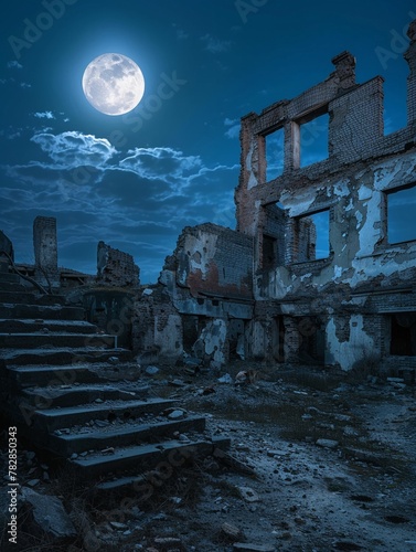 Ruins of Stalingrad, moonlit night, eerie silence, high contrast , high quality