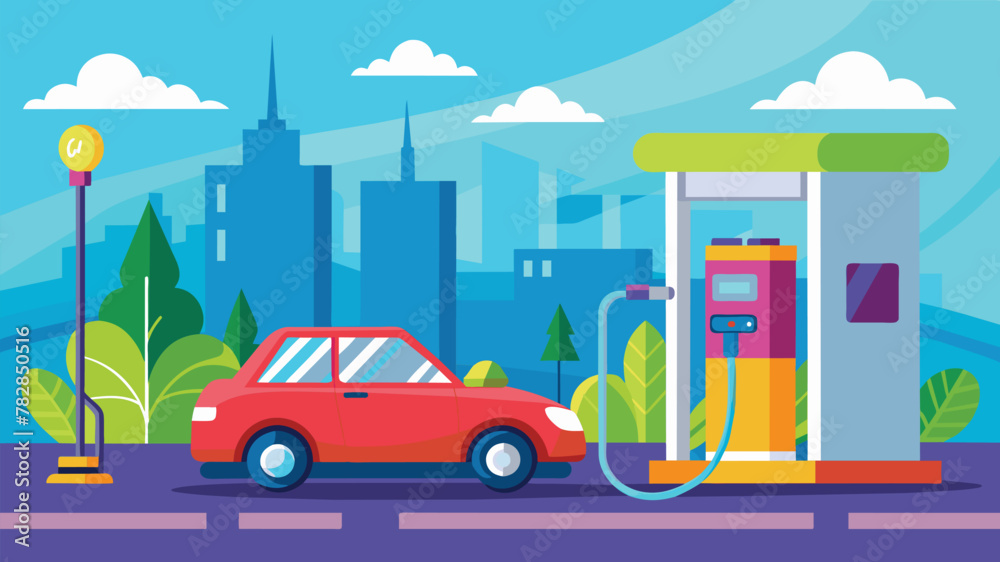 Electric vehicle at charging point, Eco transportation vector cartoon illustration.