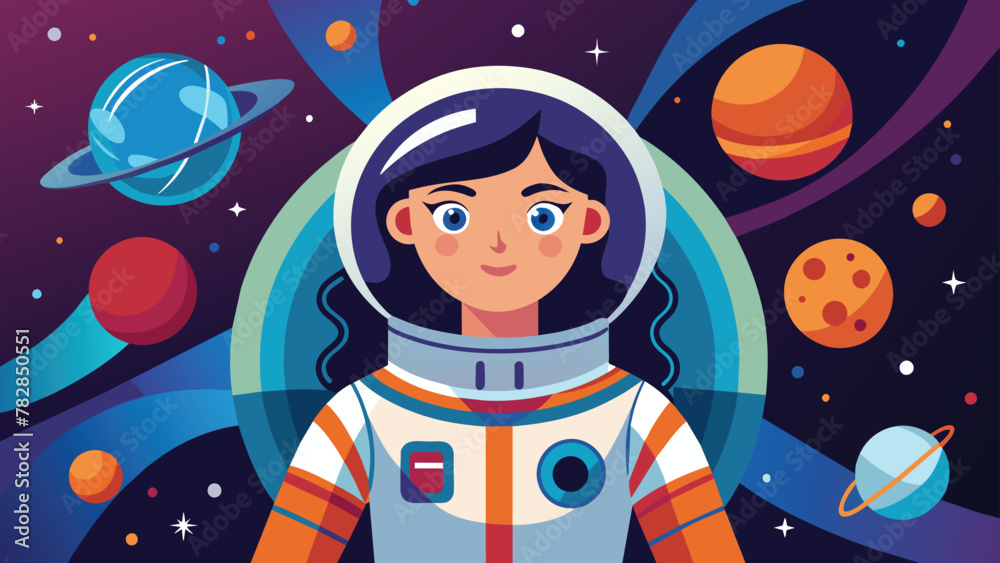 Naklejka premium Astronaut woman amidst the stars, Space exploration vector cartoon illustration.