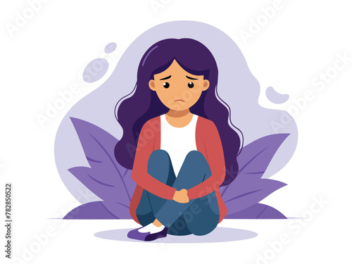 Depressed young woman sitting with her knees up, Concerned vector cartoon illustration.