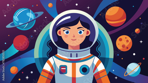 Astronaut woman amidst the stars, Space exploration vector cartoon illustration.