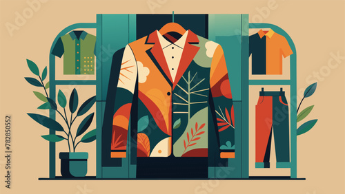 A colorful illustration of a wardrobe decorated with vibrant natureinspired patterns housing a selection of ecofriendly pieces such as vegan