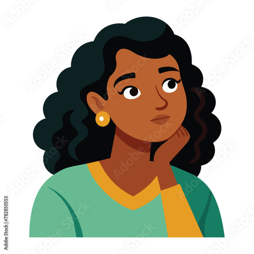 Pensive woman in a green shirt thinking contemplates, Hand on chin vector cartoon illustration.