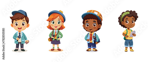 Young travelers or journalists with cameras, vector cartoon illustration.