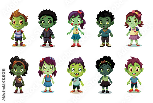Adorable zombie children in playful attire, vector cartoon illustration.