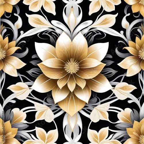 Golden flowers and leaves on black background