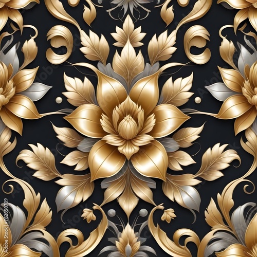 Golden flowers and leaves on black background