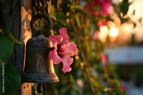 A Bell Hanging in Floral Tree During Sunset or Sunrise. Closeup Image