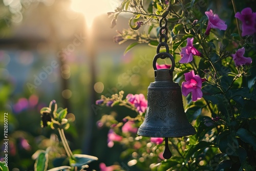 A Bell Hanging in Floral Tree During Sunset or Sunrise. Closeup Image