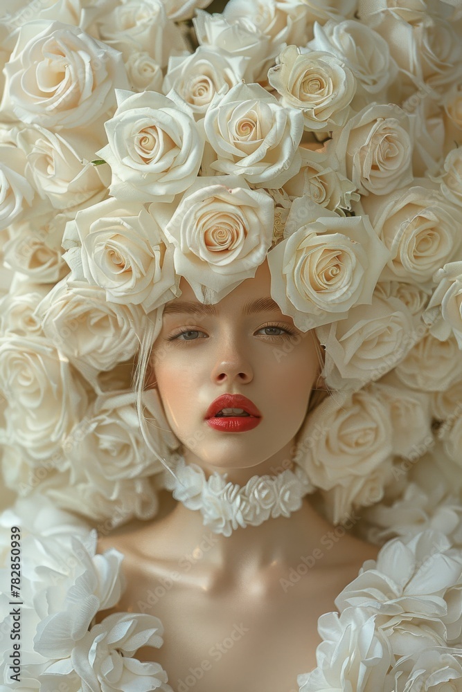 Detailed portrait focusing on the expression of a woman encased in white roses showing sophistication