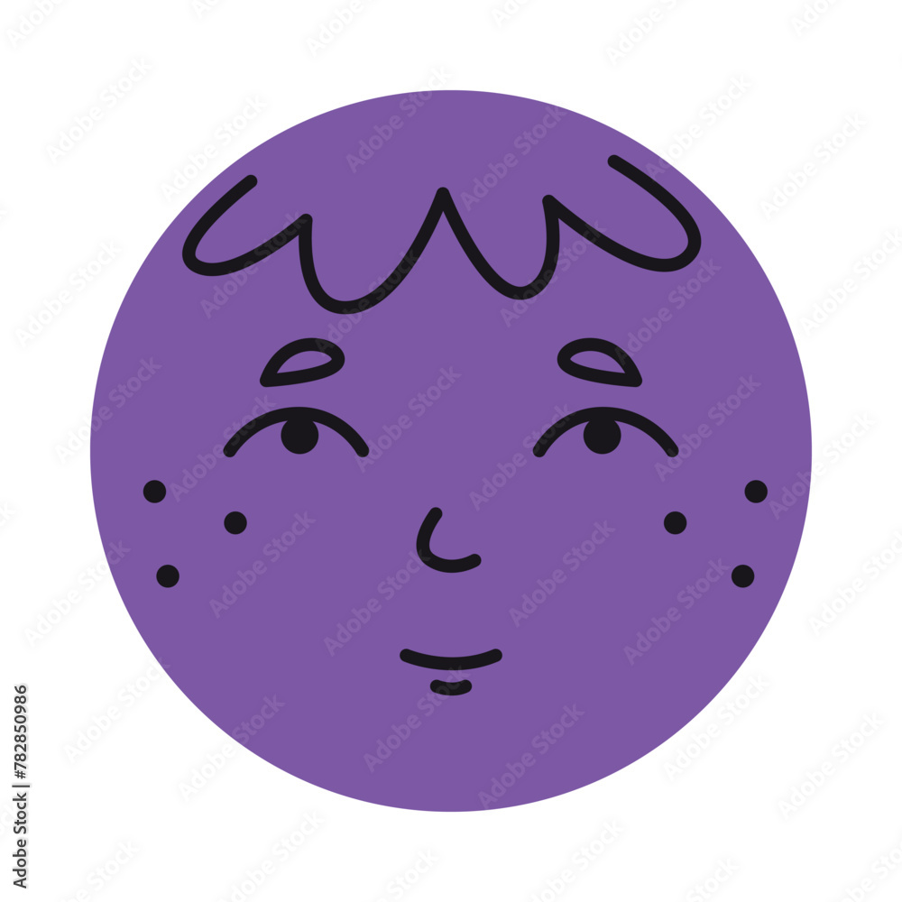 Purple round face of man. Illustration in doodle style. Purple round face of man. Illustration in doodle style.
