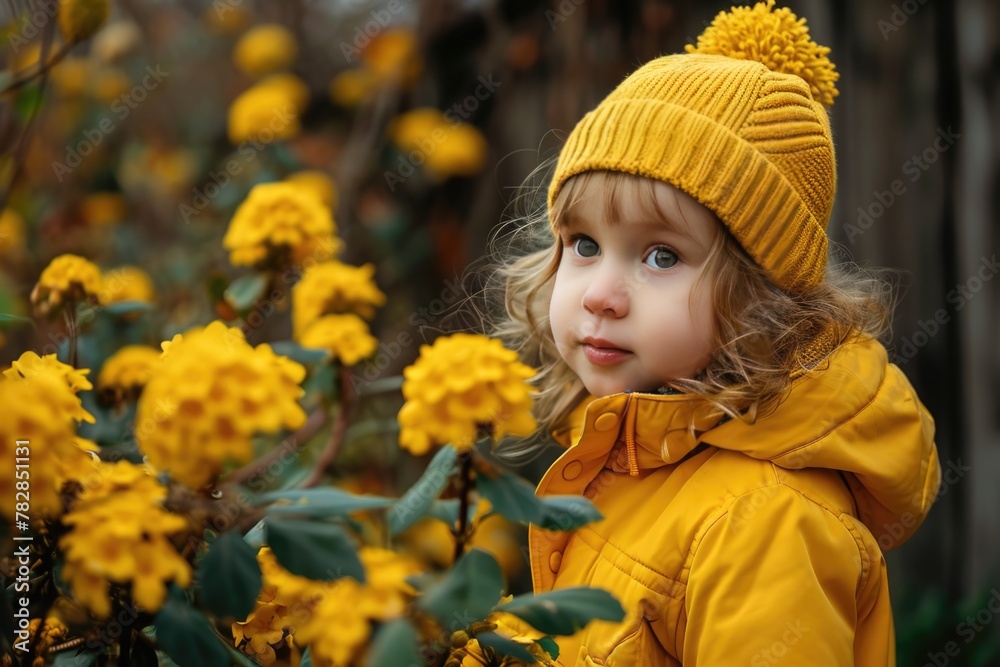 A Little Girl with a Cute Smile Poses for a Photo among Yellow Flowers. Fictional Character Created by Generative AI. A Little Girl with a Cute Smile Poses for a Photo among Yellow Flowers. Fictional Character Created by Generative AI.