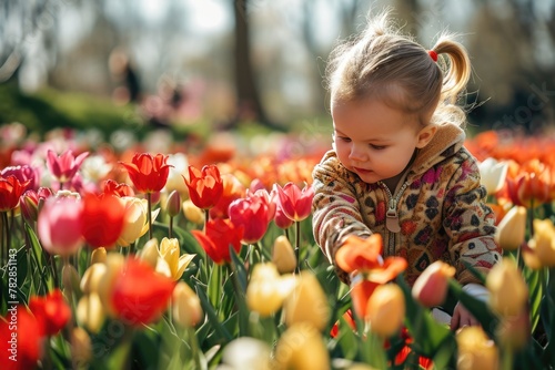 A Little Girl Exploring a Garden of Tulip Flowers. Fictional Character Created by Generative AI.
