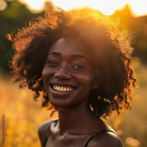  A Happy Portrait of Beautiful Smiling African Woman with Curly Hair in Sunlight Posing for a Photo Fictional Character Created by Generative AI.