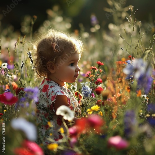 A Little Girl Smiling for the Camera - Captured in a Surrounding Flower. Fictional Character Created by Generative AI.