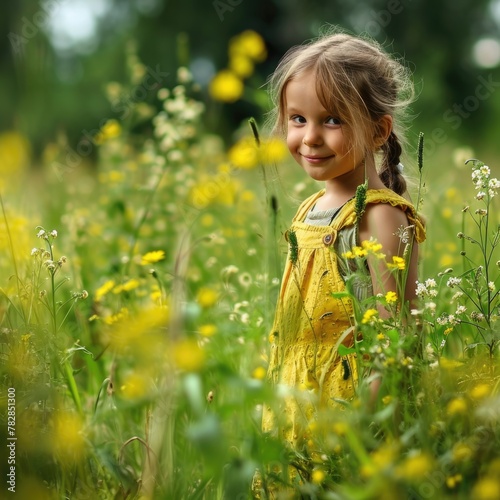  A cute little girl enjoying sunshine in the field of wildflowers. Fictional Character Created by Generative AI.