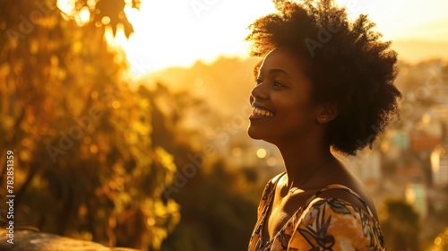 Happy African Young Woman with a beautiful curly Hair and enjoy the sunshine. Fictional Character Created by Generative AI. © shelbys
