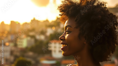 Happy African Young Woman with a beautiful curly Hair and enjoy the sunshine. Fictional Character Created by Generative AI.