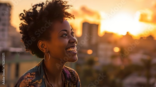 Happy African Young Woman with a beautiful curly Hair and enjoy the sunshine. Fictional Character Created by Generative AI.