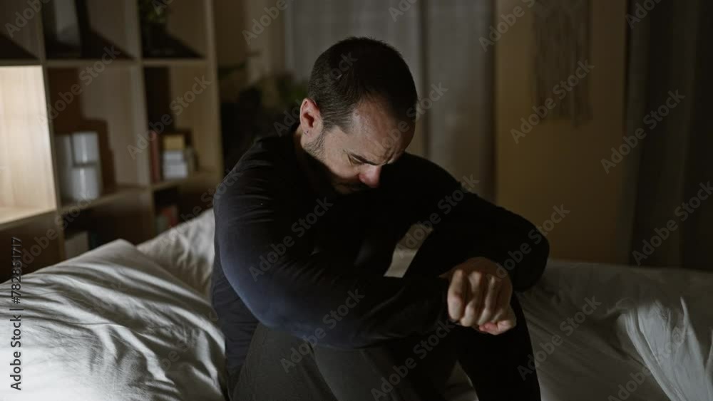 Bald, bearded man sitting contemplatively on a bed in a dimly lit, cozy bedroom, evoking a mood of introspection or concern. Bald, bearded man sitting contemplatively on a bed in a dimly lit, cozy bedroom, evoking a mood of introspection or concern.