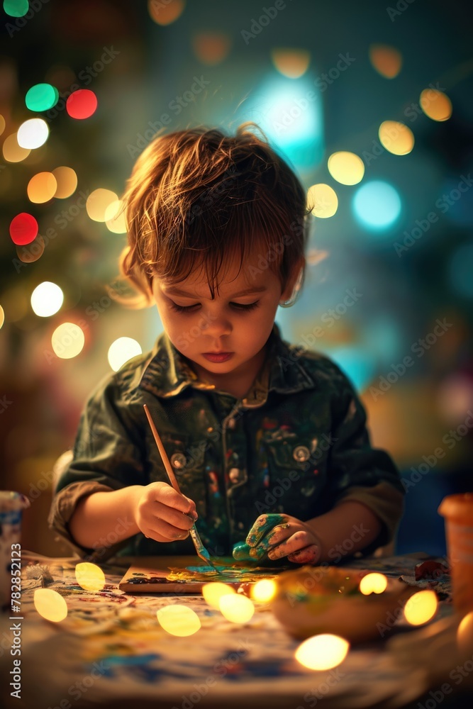 A young child creating artwork on a paint filled table. Fictional Character Created by Generative AI. A young child creating artwork on a paint filled table. Fictional Character Created by Generative AI.