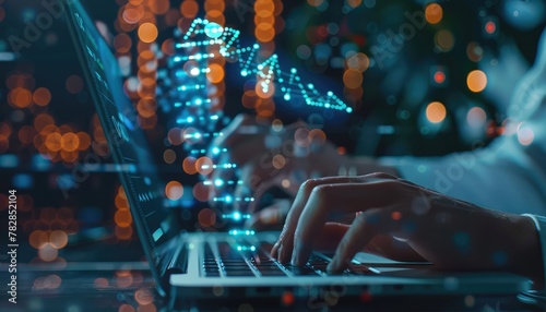 Bioinformatics Analysis, Show a biotechnology student analyzing bioinformatics data on a laptop, with DNA sequences or protein structures displayed on the screen photo