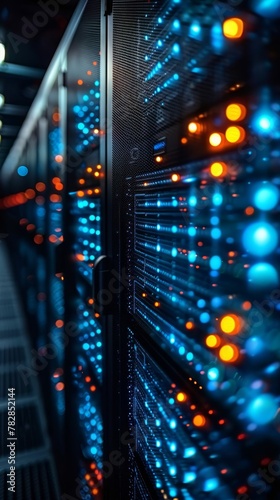 Blue and Orange LED lights on servers in a data center highlight advanced technology and connectivity.