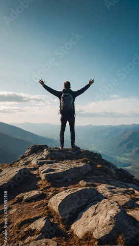 silhouette of a lone person standing on top of a mountain with arms stretched towards the sky to celebrate their success © The A.I Studio